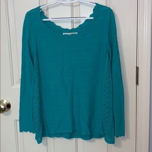 Anthropologie teal knit-crocheted sweater